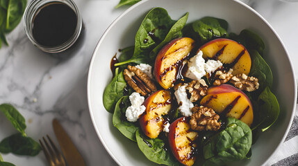 Gourmet Salad: Peaches, greens, goat cheese, walnuts, pecans, and a balsamic glaze. Healthy & delicious!