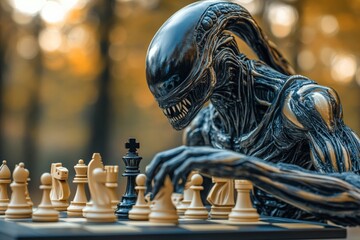 Sci-fi creature engaged in a strategic chess battle in a forest setting during autumn