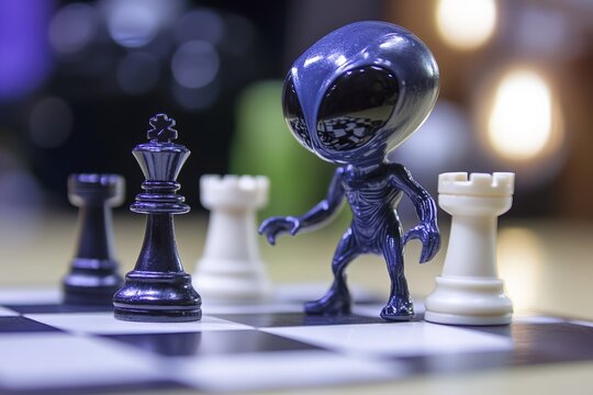 Unusual chess game featuring an alien figure against traditional pieces in a cozy indoor setting