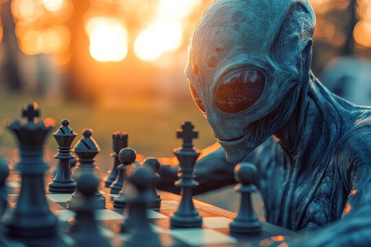 Alien enjoys a game of chess at sunset in a tranquil park setting