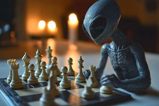 Alien figure engaged in a chess match in a dimly lit room with candles