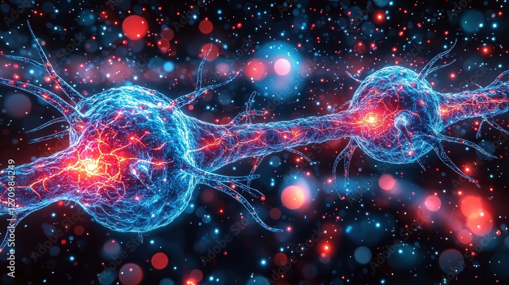Poster intricate visualization of neuron cells with red and blue nerve signals in a scientific setting