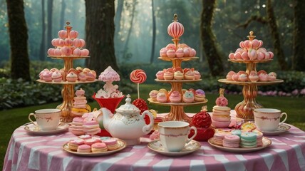 Fototapeta premium Alice in Wonderland Food Wonderland: Teacup Cakes, Floating Teacups, and Magical Candy Forest 