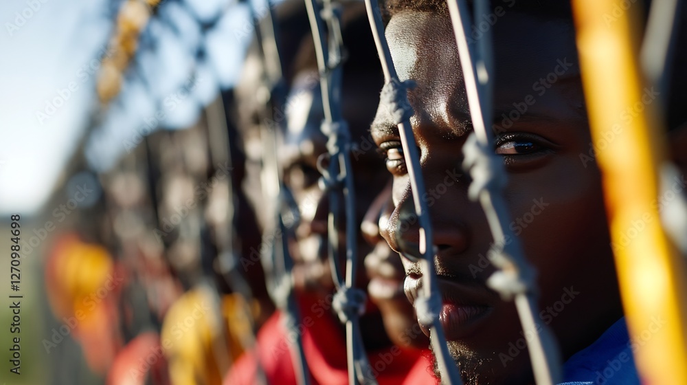Poster emotional close up portrait of a young boy looking through a barbed wire fence in a desolate environ