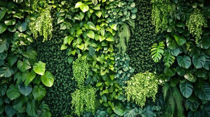 A green leaf wall in a stylish restaurant or creating a fresh, natural vibe with hanging plants and greenery