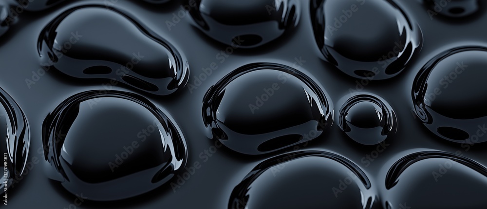 Poster close-up of a group of black spheres arranged in a random pattern on a dark blue background. the sph
