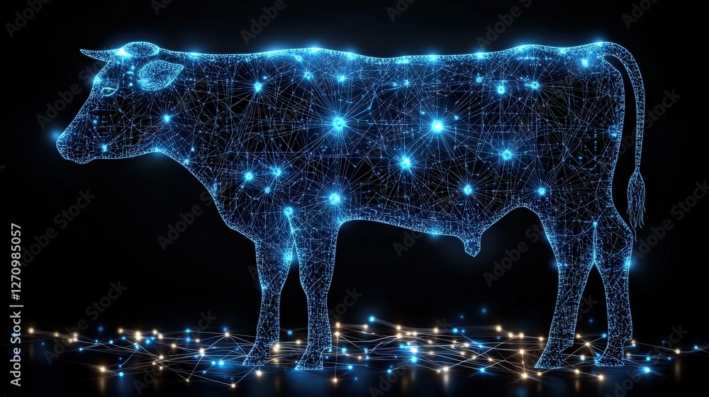 Poster artistic of a cow with a network of interconnected lines and dots representing technology