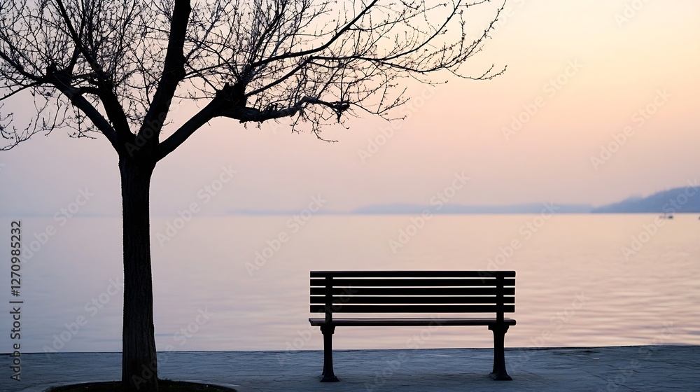 Poster empty park bench beside a tranquil lakeshore during dusk capturing a moment of peaceful stillness : 