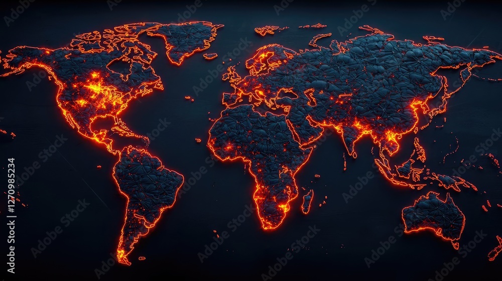 Poster plastic pollution concept. stunning world map visualized with glowing lava-like textures representin