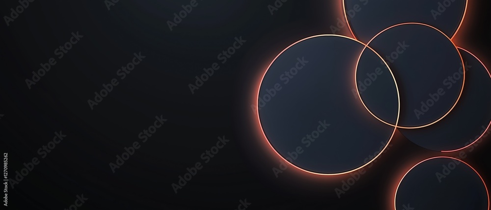 Poster abstract digital art piece with a dark background. it features a group of three overlapping circles 