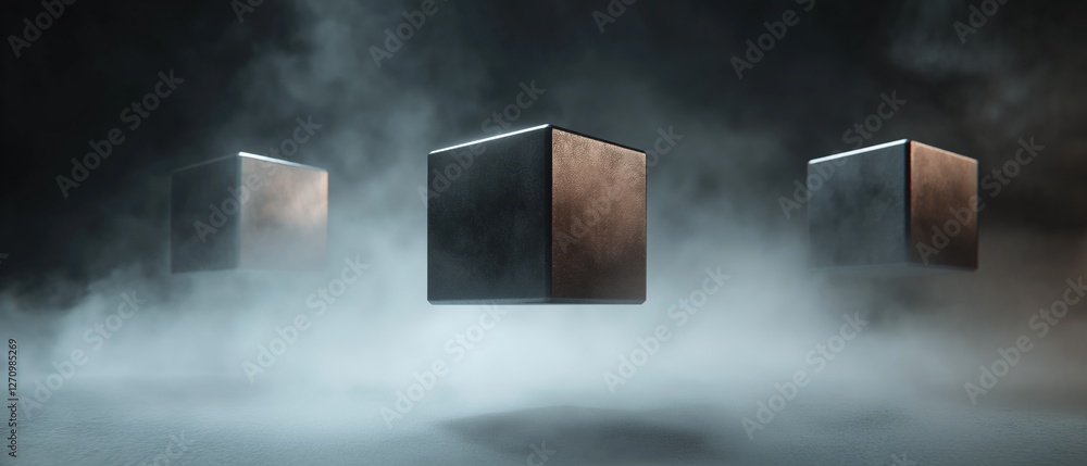 Poster three cubes floating in the air. the cubes are black and brown in color and appear to be made of a s