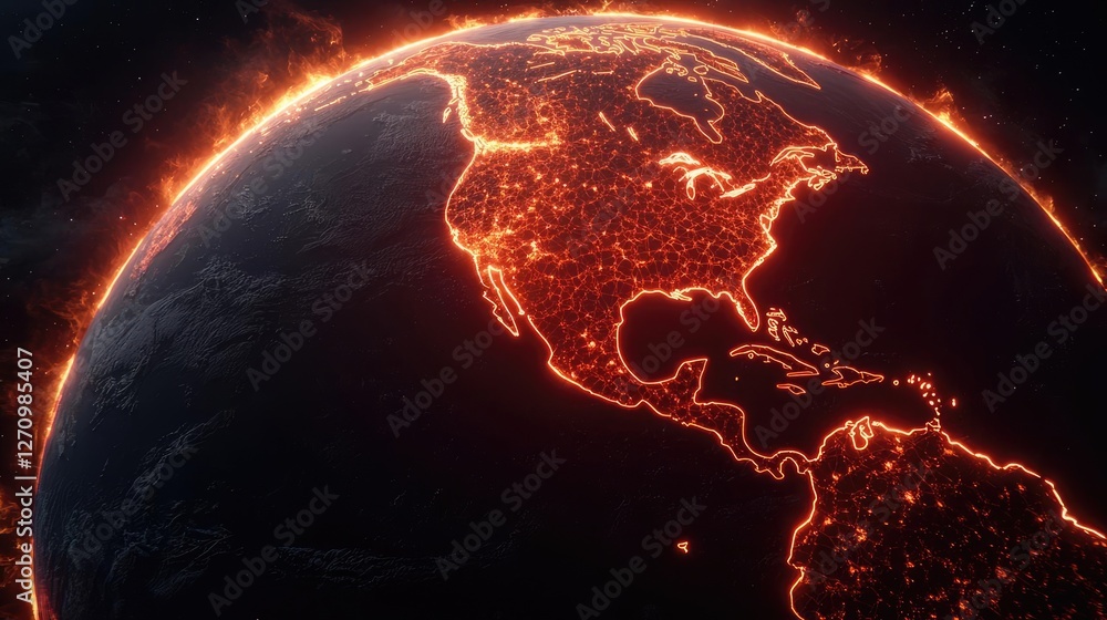 Aufkleber plastic pollution concept. a stunning view of earth with glowing outlines of continents and oceans i