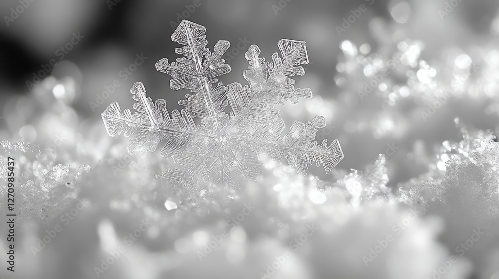 Poster realistic snowflake on soft snow background in artistic style