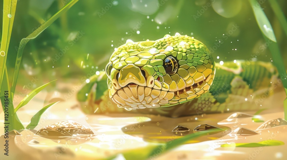 Poster a close-up of a vibrant green snake resting in a natural setting with soft light.