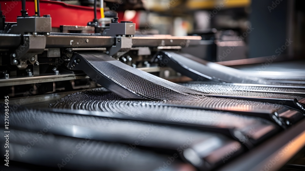 Poster close up detailed view of carbon fiber raw material being processed and manufactured in a high tech 