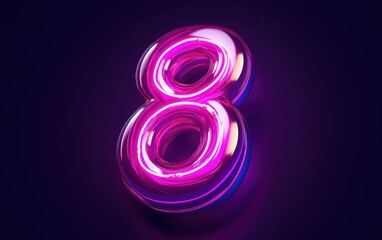Neon glowing number 8 on a deep ultraviolet background for 8 March International Womens Day