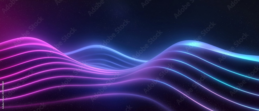 Poster abstract digital art with a dark background. it features a wave-like pattern of wavy lines in differ