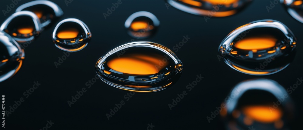 Poster close-up of a group of water droplets on a black surface. the droplets are of different sizes and sh