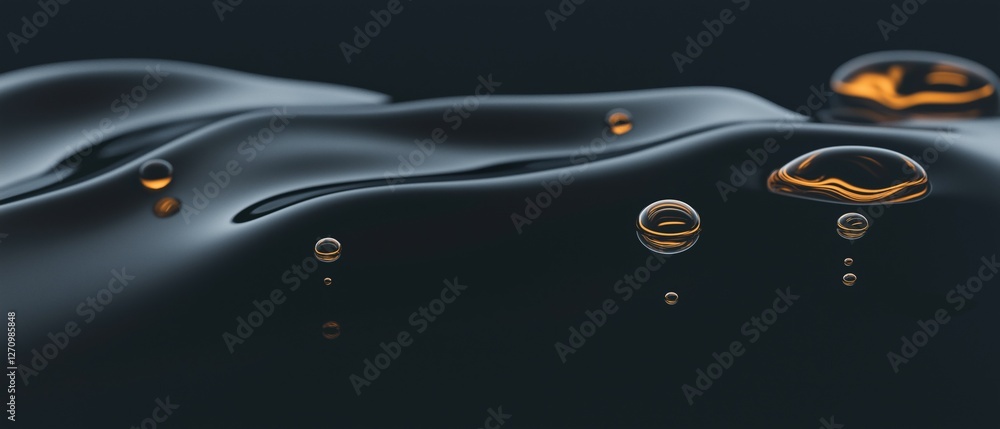 Poster close-up of a black surface with multiple droplets of water scattered across it. the droplets are of