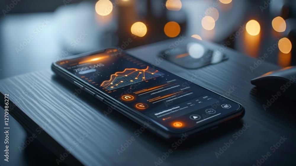 Poster Digital device showcases various financial trends and statistics on its screen, illuminated by warm candlelight in a tranquil evening setting, creating a relaxing workspace atmosphere.
