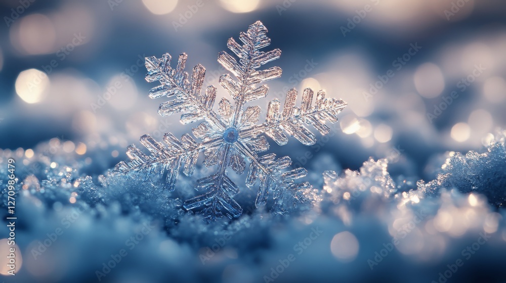Poster realistic snowflake on frosty surface with soft bokeh background