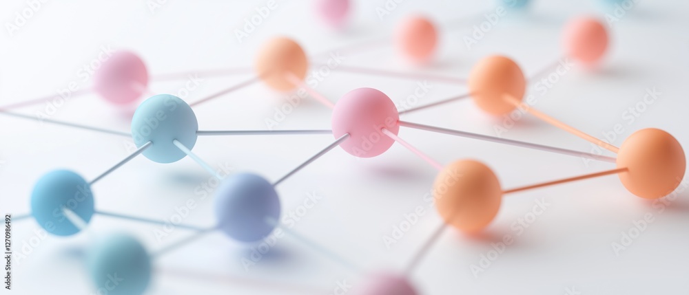 Poster 3d rendering of a network of interconnected spheres in different colors - pink, blue, and orange. th