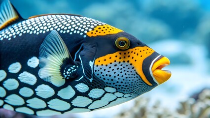 A captivating image of a Clown Triggerfish, with unique polka-dot patterns and bright yellow lips.