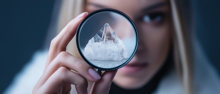 Close-up of a person's hand holding a magnifying glass over a cluster of white crystals.