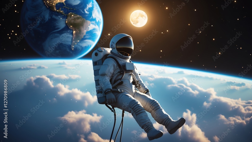 Aufkleber astronaut floating in space while earth and the moon shine brightly in the background during a clear