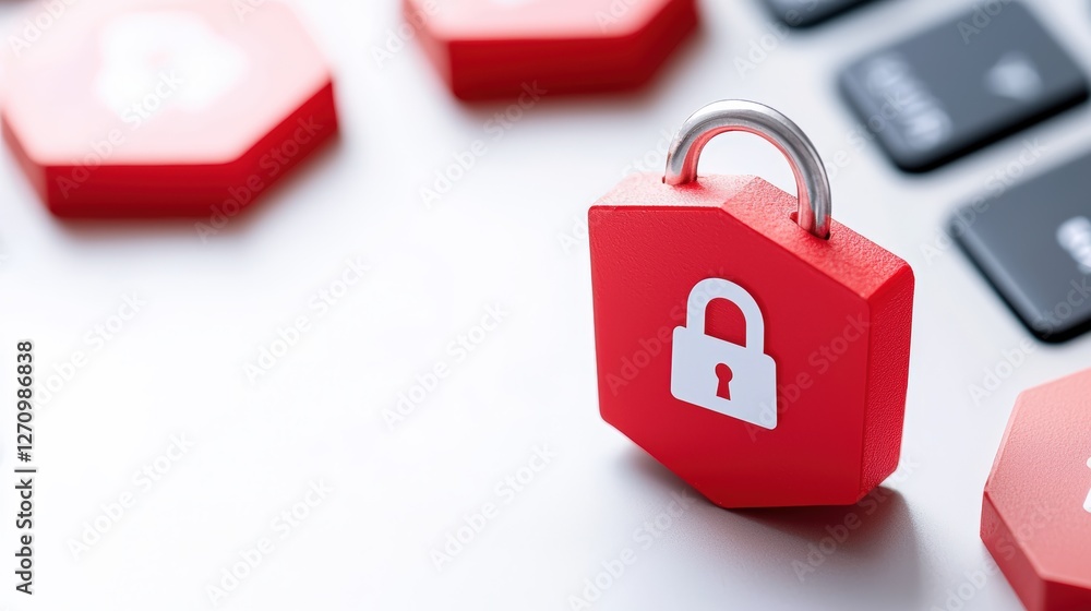 Poster a close-up of a red padlock symbolizing security, placed next to a keyboard, emphasizing the importa