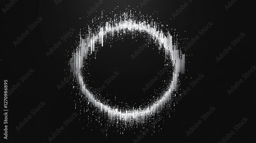 Poster abstract circular shape with dynamic white particles on dark background