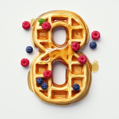 Number 8 crafted from delicious golden waffles topped with syrup and berries on a clean white background for 8 March International Womens Day