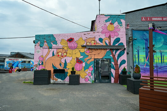 Beautiful works of art on painted house walls in the creative campus Telliskivi Loomelinnak, Telliskivi Creative City in an old industrial complex in Tallinn, Estonia