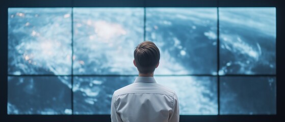 Man standing in front of a large screen, looking out at the vast expanse of the ocean. the man is wearing a white shirt and has short blonde hair.