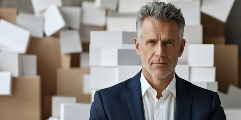 Successful project management budget concept. Confident man in a suit with a minimalist background of boxes.