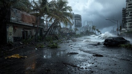 Typhoon fury strikes coastal city destruction visible stormy weather urban environment dramatic viewpoint