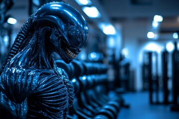 Muscular alien sculpture stands in a dimly lit gym surrounded by exercise equipment during an evening workout session