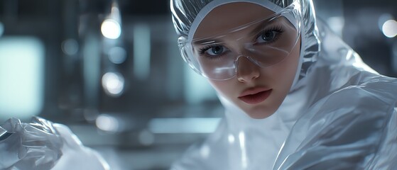 Close-up portrait of a young woman wearing a futuristic-looking outfit. she is wearing a white protective suit with a transparent headgear that covers her head and shoulders.