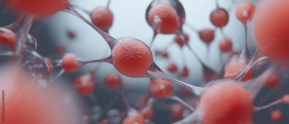 Poster close-up of a group of red spheres, which appear to be floating in the air. the spheres are spherica