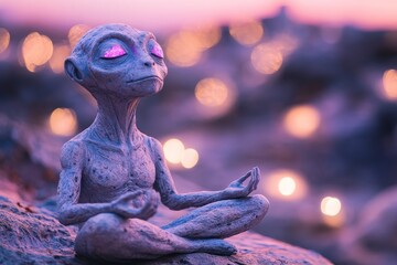 Meditating alien figure rests on a rocky surface at sunset with glowing eyes surrounded by soft ambient lights