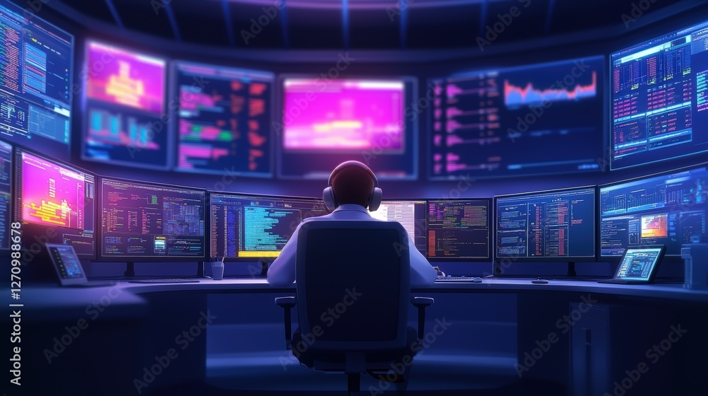 Poster a modern control room filled with screens displaying data and graphs, showcasing a professional moni