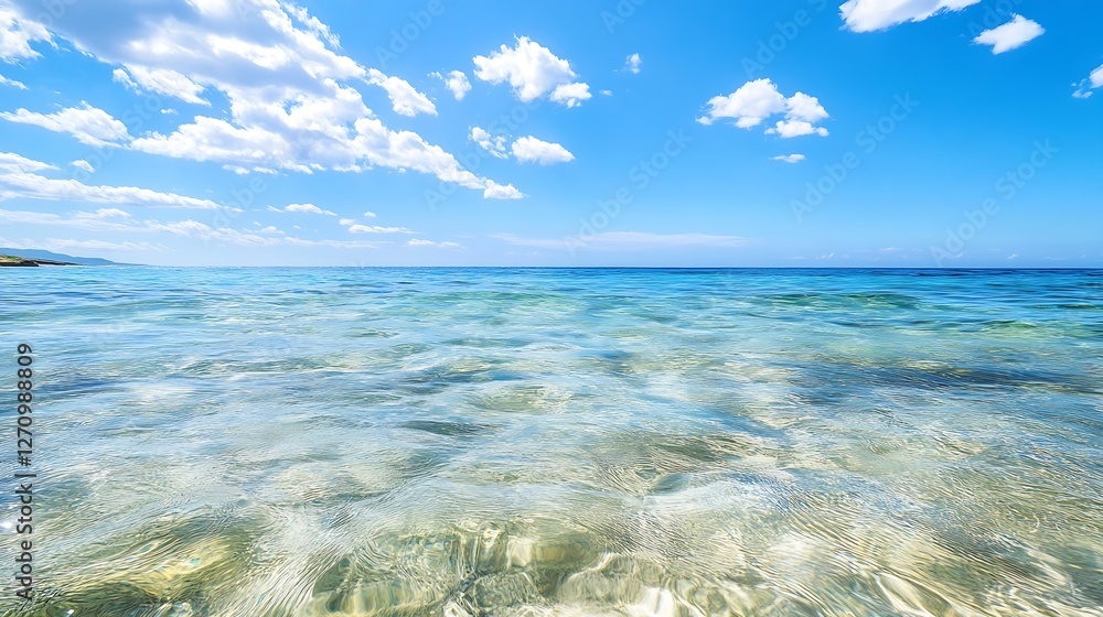 Poster stunning and tranquil view of clear ocean water under a bright blue sky with fluffy clouds : generat