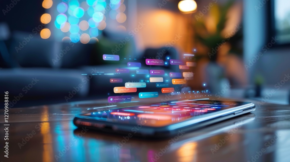 Poster A smartphone rests on a wooden surface with colorful notifications floating above it, displaying a seamless blend of technology in a warm living room ambiance during the evening.