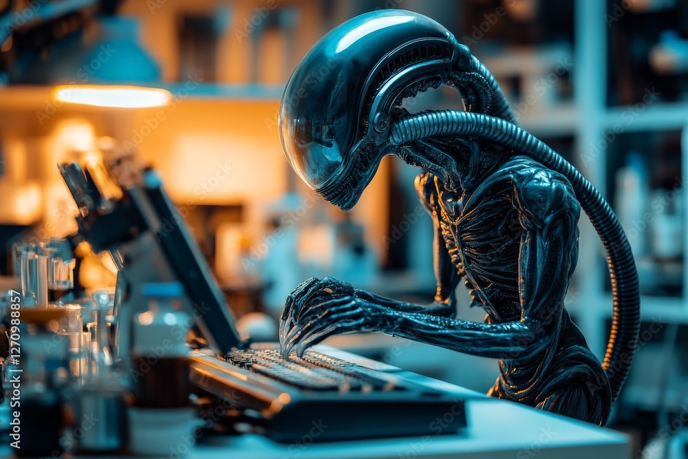 Poster alien creature working on a computer in a futuristic lab filled with scientific equipment
