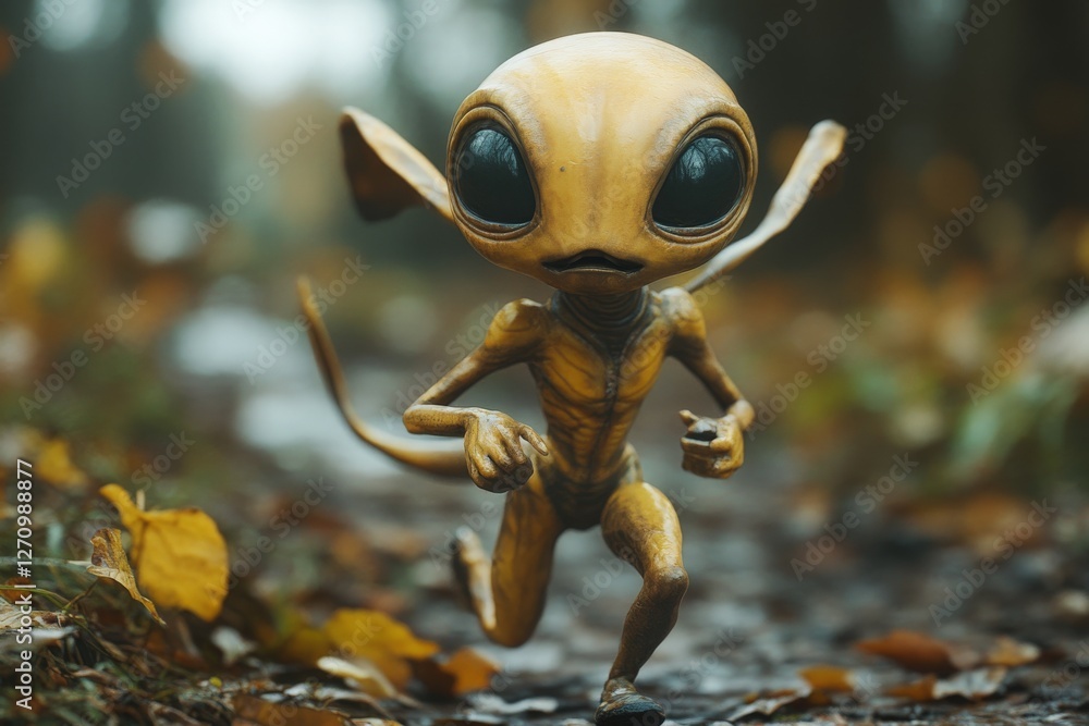 Poster small alien creature running through a forest path surrounded by autumn leaves during a cloudy day