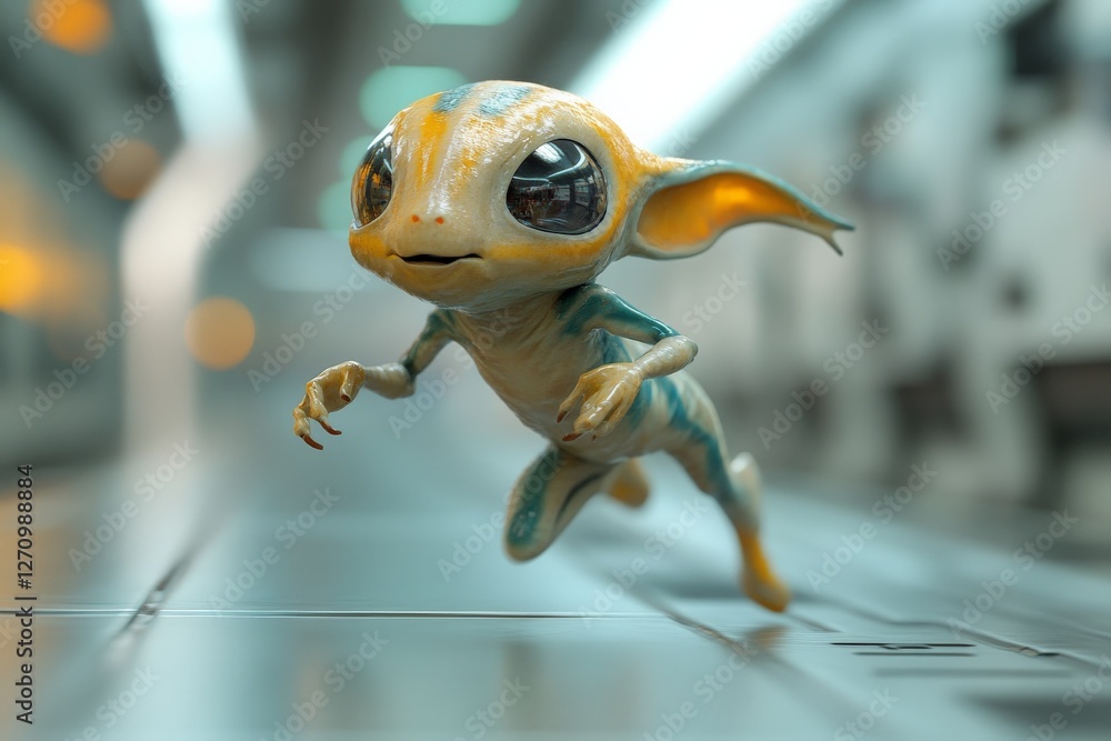 Poster colorful alien creature running through a futuristic space environment in a dynamic pose