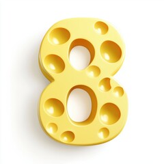 Number 8 made of yellow Swiss cheese with holes isolated on a clean white background