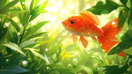 An orange fish swims among lush green plants in a vibrant, sunlit underwater scene.