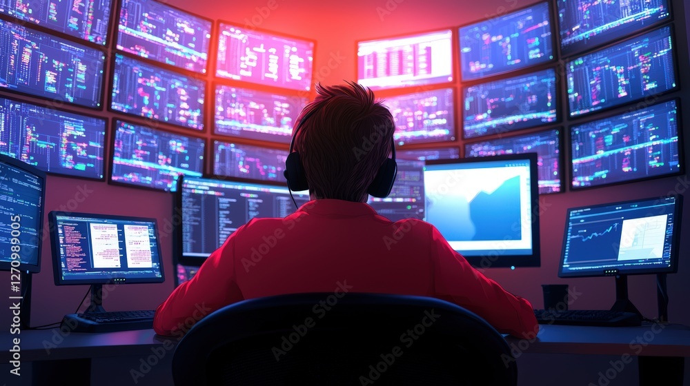 Poster a person in headphones analyzes data from multiple screens in a high-tech environment, illuminated b