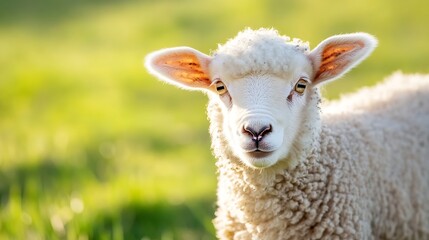 Obraz premium Close up of a cute fluffy sheep in a lush green pasture showcasing the beauty of rural life : Generative AI